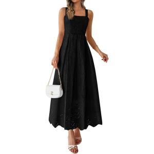 imagePRETTYGARDEN Womens Sleeveless Maxi Summer Dresses 2026 Hollow Out Eyelet Square Neck Ruffle Flowy Beach Vacation SundressBlack