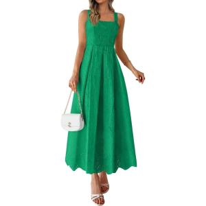 imagePRETTYGARDEN Womens Sleeveless Maxi Summer Dresses 2026 Hollow Out Eyelet Square Neck Ruffle Flowy Beach Vacation SundressGreen