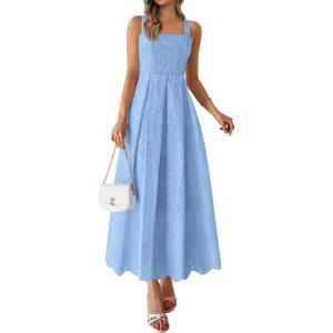 imagePRETTYGARDEN Womens Sleeveless Maxi Summer Dresses 2026 Hollow Out Eyelet Square Neck Ruffle Flowy Beach Vacation SundressLight Blue