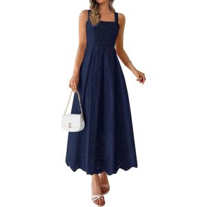 imagePRETTYGARDEN Womens Sleeveless Maxi Summer Dresses 2026 Hollow Out Eyelet Square Neck Ruffle Flowy Beach Vacation SundressNavy Blue