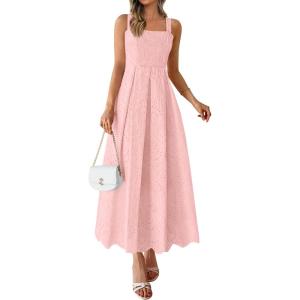 imagePRETTYGARDEN Womens Sleeveless Maxi Summer Dresses 2026 Hollow Out Eyelet Square Neck Ruffle Flowy Beach Vacation SundressPink