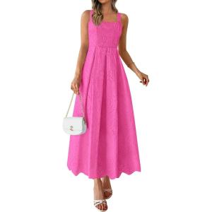 imagePRETTYGARDEN Womens Sleeveless Maxi Summer Dresses 2026 Hollow Out Eyelet Square Neck Ruffle Flowy Beach Vacation SundressRose Red