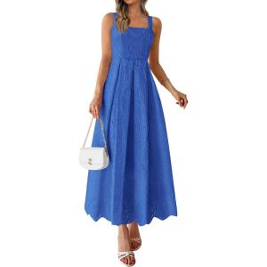imagePRETTYGARDEN Womens Sleeveless Maxi Summer Dresses 2026 Hollow Out Eyelet Square Neck Ruffle Flowy Beach Vacation SundressRoyal Blue