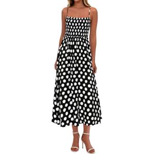imagePRETTYGARDEN Womens Summer Dresses 2026 Spring Sleeveless Spaghetti Straps Casual Midi Dress Polka Dot Smocked Beach SundressBlack