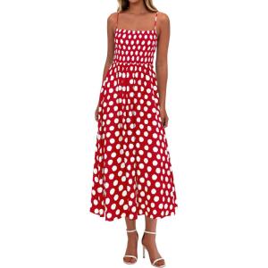 imagePRETTYGARDEN Womens Summer Dresses 2026 Spring Sleeveless Spaghetti Straps Casual Midi Dress Polka Dot Smocked Beach SundressRed