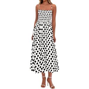 imagePRETTYGARDEN Womens Summer Dresses 2026 Spring Sleeveless Spaghetti Straps Casual Midi Dress Polka Dot Smocked Beach SundressWhite
