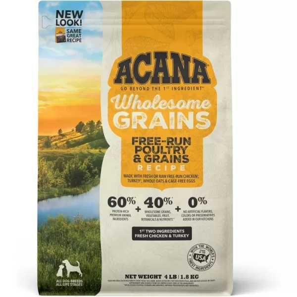 imageACANA Wholesome Grains Dry Dog Food Red Meat and Grains Gluten Free Beef Pork and Lamb Recipe 225lbFreeRun Poultry 4 Pound Pack of 1